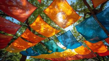 ai généré coloré drapeaux pendaison de arbre photo