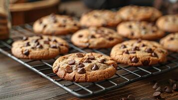 ai généré Chocolat puce biscuits refroidissement sur une refroidissement grille photo