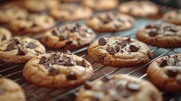 ai généré Chocolat puce biscuits refroidissement sur une refroidissement grille photo