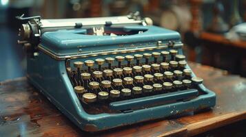 ai généré vieux bleu machine à écrire sur en bois table photo