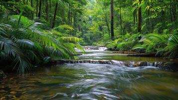 ai généré courant écoulement par luxuriant vert forêt photo