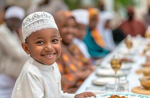 ai généré famille ayant le déjeuner ensemble pendant Ramadan photo