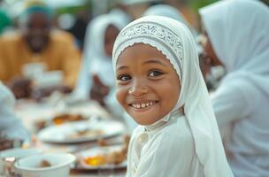 ai généré famille ayant le déjeuner ensemble pendant Ramadan photo