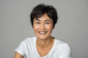 ai généré portrait de une souriant âge moyen asiatique femme à la recherche à caméra photo