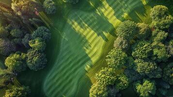 ai généré aérien vue de le golf cours entouré par des arbres photo