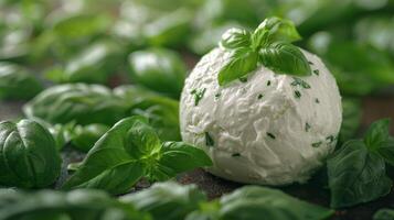 ai généré mozzarella Balle sur vert feuilles photo