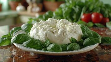 ai généré mozzarella Balle sur vert feuilles photo