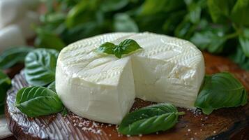 ai généré mozzarella Balle sur vert feuilles photo