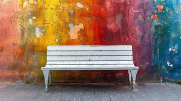 ai généré blanc banc dans de face de arc en ciel mur photo