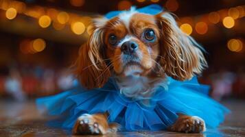 ai généré petit chien portant bleu robe photo