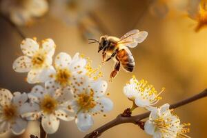 ai généré proche en haut de une abeille avec fleur.générative ai photo