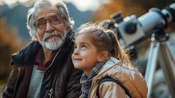 ai généré homme et peu fille observer une lumière photo