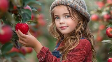 ai généré Jeune fille cueillette Pomme de arbre photo