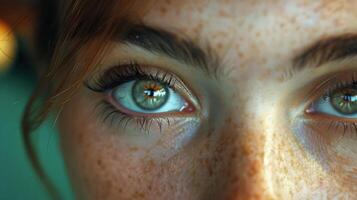 ai généré proche en haut portrait de une femme avec bleu yeux photo