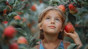 ai généré Jeune fille cueillette Pomme de arbre photo