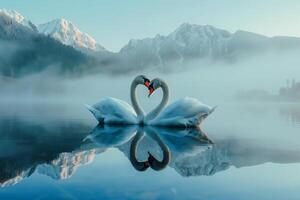 ai généré romantique couple de cygnes dans le Lac Montagne Contexte avec générateur de brouillard ai photo