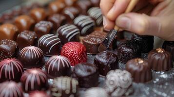 ai généré la personne La peinture des chocolats sur plateau photo