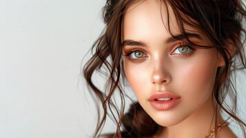 ai généré fermer de femme avec bleu yeux photo