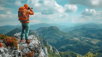 ai généré homme permanent sur Montagne Haut prise image photo