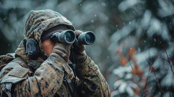 ai généré soldat à la recherche par portée à Soleil photo