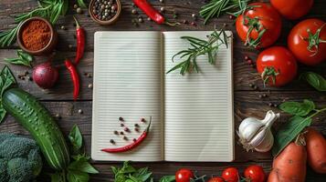 ai généré ouvert carnet entouré par des légumes et épices photo