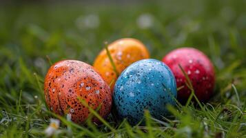 ai généré Trois coloré Pâques des œufs dans herbe photo