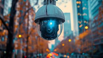 ai généré caméra monté sur pôle dans ville rue photo