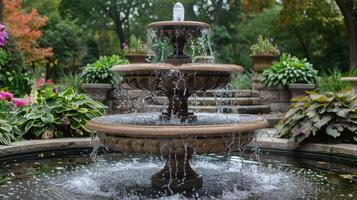 ai généré l'eau Fontaine au milieu de jardin photo