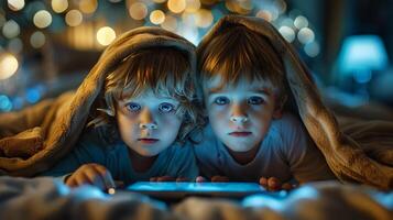 ai généré deux Jeune les enfants en utilisant tablette dans lit photo