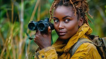 ai généré femme en utilisant jumelles à observer troupeau de éléphants photo