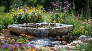 ai généré l'eau Fontaine entouré par fleurs et rochers photo