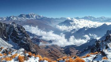 ai généré couvert de neige Montagne intervalle dans des nuages photo