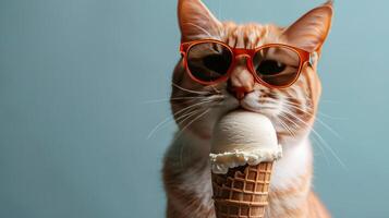 ai généré élégant chat en mangeant la glace crème photo