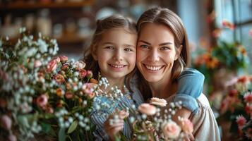 ai généré femme et enfant embrasser dans fleur champ photo