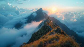 ai généré majestueux Montagne avec Soleil et des nuages photo