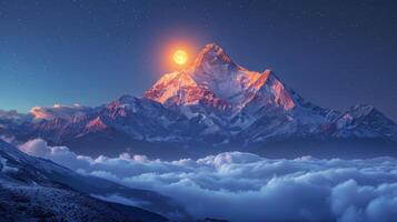 ai généré éclairé par la lune Montagne enveloppé dans des nuages photo