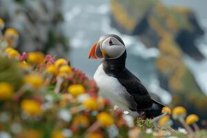 ai généré fermer coup de un atlantique macareux permanent sur le Roche avec une flou arrière-plan.génératif ai photo