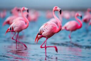 ai généré africain flamants roses en marchant autour le bleu lagune sur une ensoleillé journée. génératif ai photo