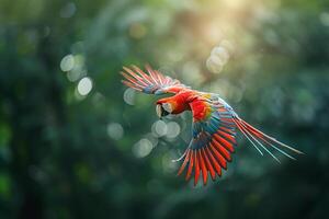 ai généré écarlate ara en volant dans tropical forêt.générative ai photo