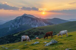 ai généré vache pâturage dans Prairie avec magnifique Montagne et ciel .génératif ai photo