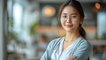 ai généré portrait de magnifique asiatique femme d'affaires portant lunettes à la recherche à caméra et souriant tandis que permanent dans café photo