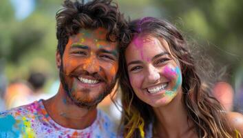 ai généré content Jeune couple couvert dans coloré poudre peindre à une Holi Festival photo