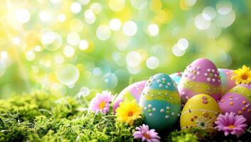 ai généré coloré Pâques des œufs et printemps fleurs sur herbeux champ avec bokeh Contexte. concept de printemps vacances et natures renouvellement photo
