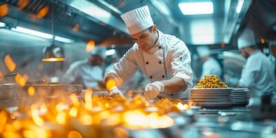 ai généré chef dans restaurant cuisine en train de préparer et décorer nourriture, Viande et légume photo