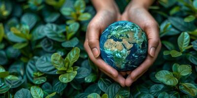ai généré proche en haut de une main en portant une globe dans de face de une luxuriant vert Contexte. le concept de protéger le environnement et le planète Terre. photo