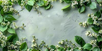 ai généré printemps fleurs et vert feuilles sur gris Contexte. plat poser, Haut voir. photo