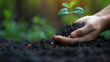 ai généré nourrir croissance, mains plantation semis dans fertile sol, symbolisant environnement durabilité et Nouveau la vie photo