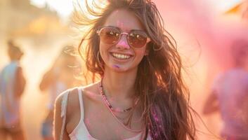 ai généré portrait de une magnifique content Jeune femme à le Holi Couleur Festival photo