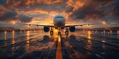 ai généré avion sur le piste de le aéroport à le coucher du soleil. photo