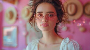 ai généré femme dans des lunettes permanent par rose mur photo